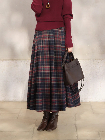 Vintage Plaid Pleated Long Skirt Women Lady High Waist A-Line Midi Skirt Preppy Elegant Winter Casual Daily Wear Style Outfit