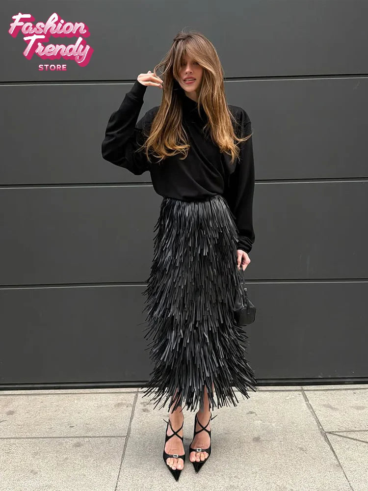 Shiny Sequin Tassel Half Skirts Women Casual Pure Color European Waist Cinching Long Skirt Lady Autumn Wear New 2026 Style