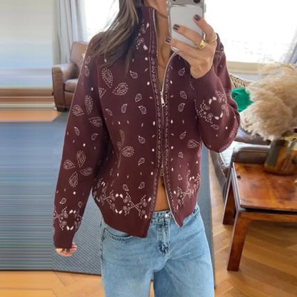 Casual Women's Jacquard Knit Cardigan Loose Stand Collar Zipper Long Sleeve Pockets Sweater 2026 Autumn Lady Vintage Sweaters