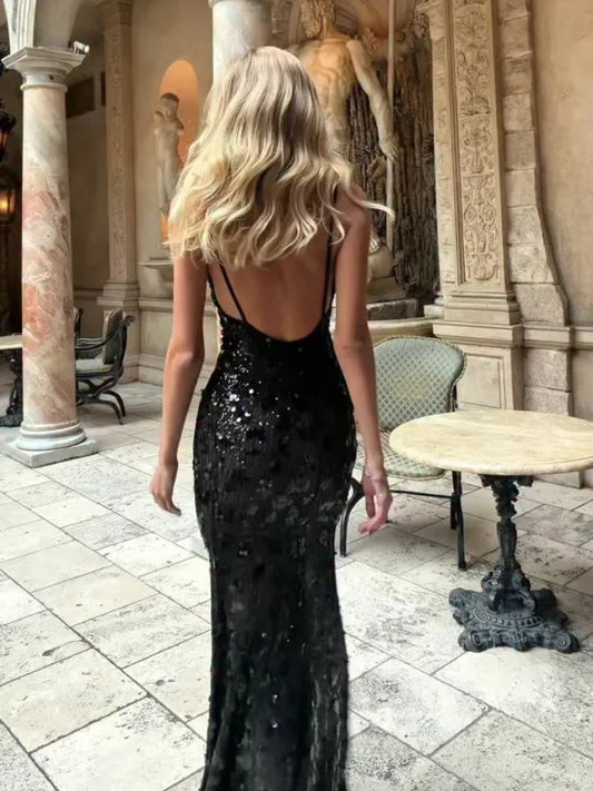 Women's Sequin-Look V-Neck Long Evening Dress