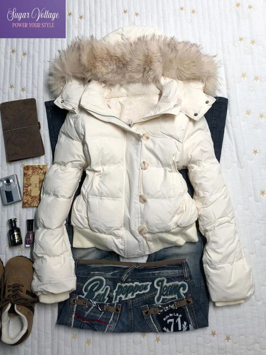 American Retro Vintage Fur Collar Hooded Cotton Coat Women Winter Loose Warm Casual Thick Jacket 2025 Fashion Street Style Cozy