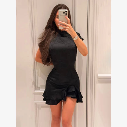 Elegant Print Low-cut Ruffle Short Dress Women V-neck Short-sleeved Waist Cinching Pleated Mini Dresses Casual Party Vestidos