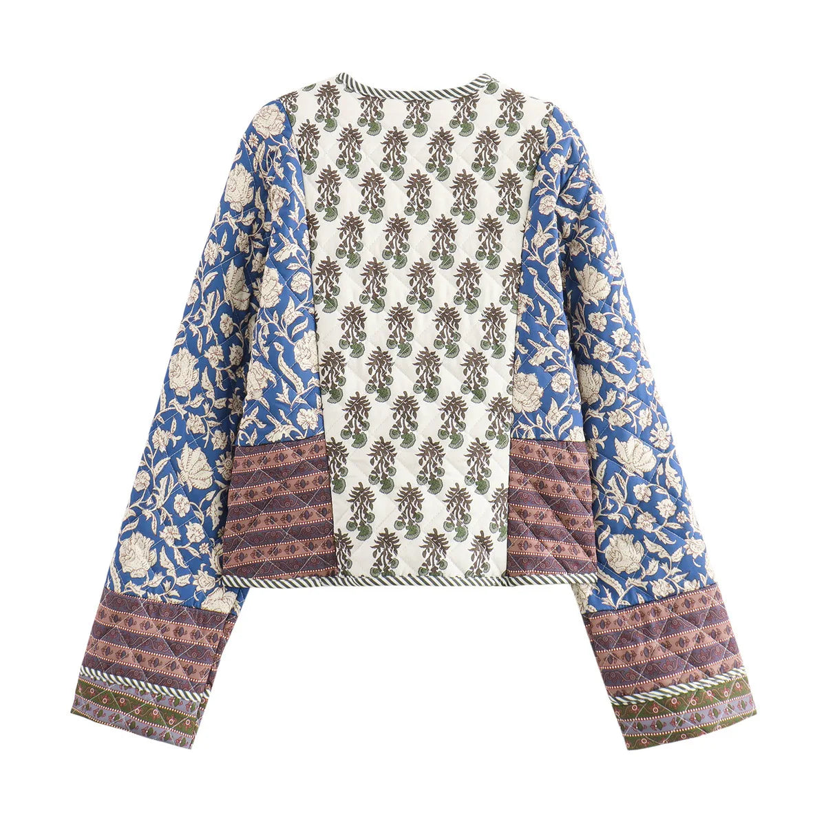 Vintage Women's Print Patchwork Cotton Jacket 2024 Quilted Long Sleeve Loose Short Warm Coat Autumn Winter Female Outwear
