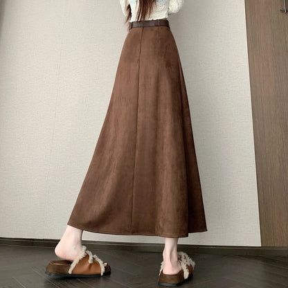 Qiukichonson Midi Long Skirts Womens Suede Skirt 2026 Autumn Winter Goth Vintage High Waist Ruffle Pleated Skirts Maxi With Belt