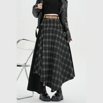 Qiukichonson Long Skirts Women Plaid Skirt Vintage Spring Autumn Patchwoek High Waist Ruffles Asymmetrical Maxi Skirt With Belt
