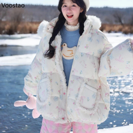Women's Bunny-Print Hooded Padded Jacket