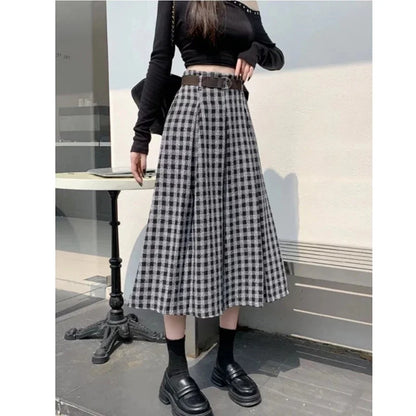 Women's Plaid A-Line Skirt with Tie Waist