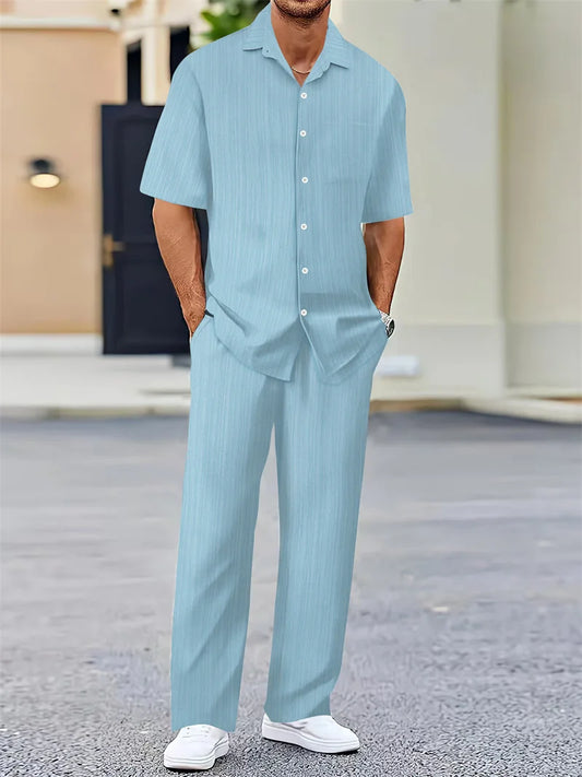 spring Summer Men Sets short-sleeve cardigan lapel shirt+trousers suit men's fashion 2 pieces tracksuit striped leisure suit