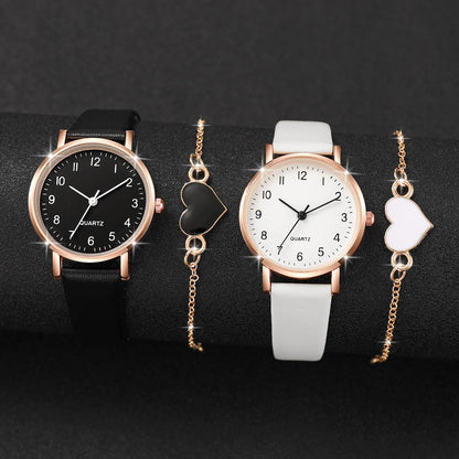 4PCS/Set Fashion Small Arabic Dial Women's Quartz Watch Leather Band Wrist Watches Heart Bracelets Set（Without Box）