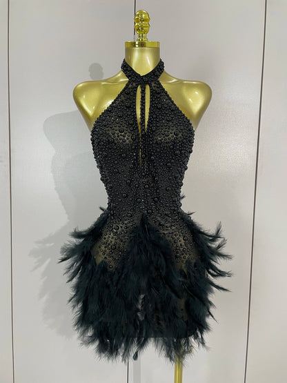 Women Luxury Rhinestones Pearls Feathers Halter Backless Short Dress Women Sexy Celebrate Birthday Dress Nightclub Stage Costume