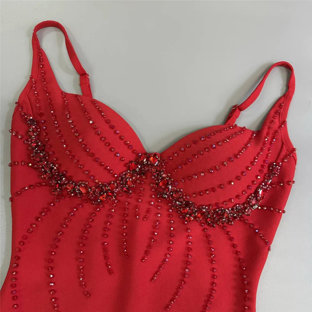 Women Sexy Beading Spaghetti Strap Bandage Dress Bodycon Clothes Club Party Celebrity Elegant Dresses