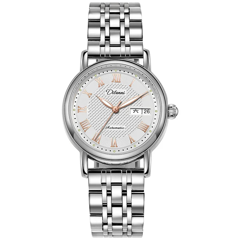 Stainless Steel Roman Dial Day-Date Luminous Waterproof Self-Wind Automatic Mechanical Watch for Women
