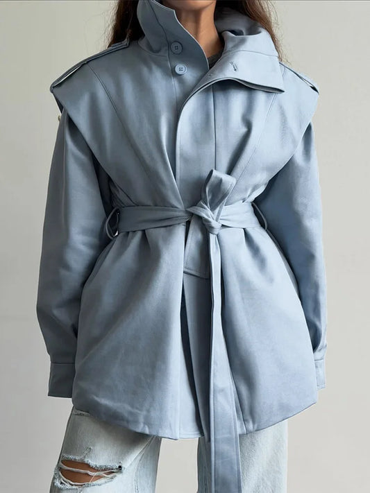 Solid Stand Collar Padded Coat Waist Tie Belt Long Cape Sleeve Button Zipper Loose Women Coats 2026 Autumn Commute Chic Outfit