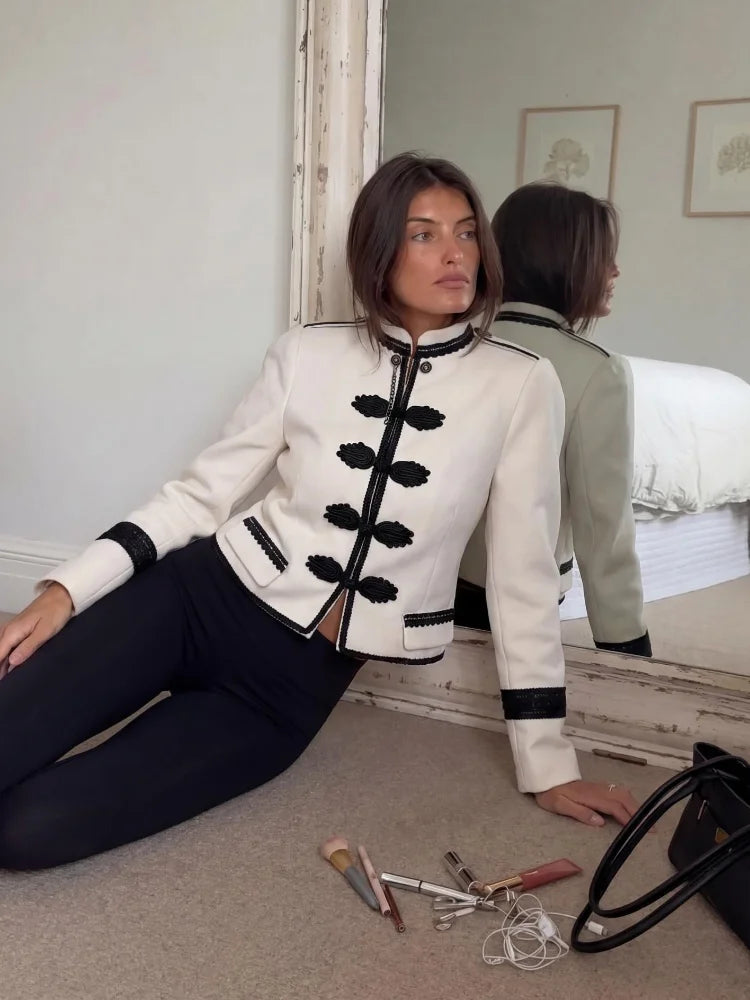 Women Woven Patchwork Crop Jacket Shoulder Pad Frog Button Long Sleeve Street Slim Paneled Blazer 2026 Spring Chic Napoleon Coat