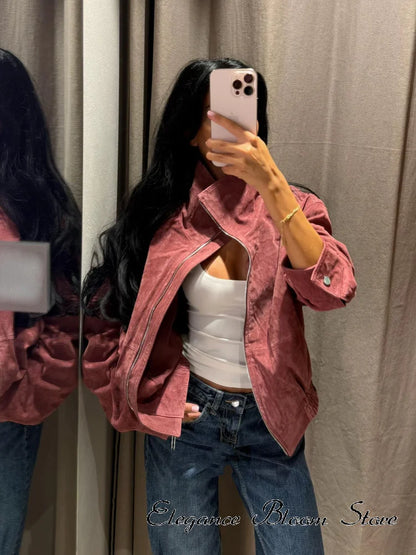 Women Stand Collar Leather Pilot Jacket Red Zipper Cropped Coat Fashion Casual Fashion Outerwear 2026 New Arrival Streetwear