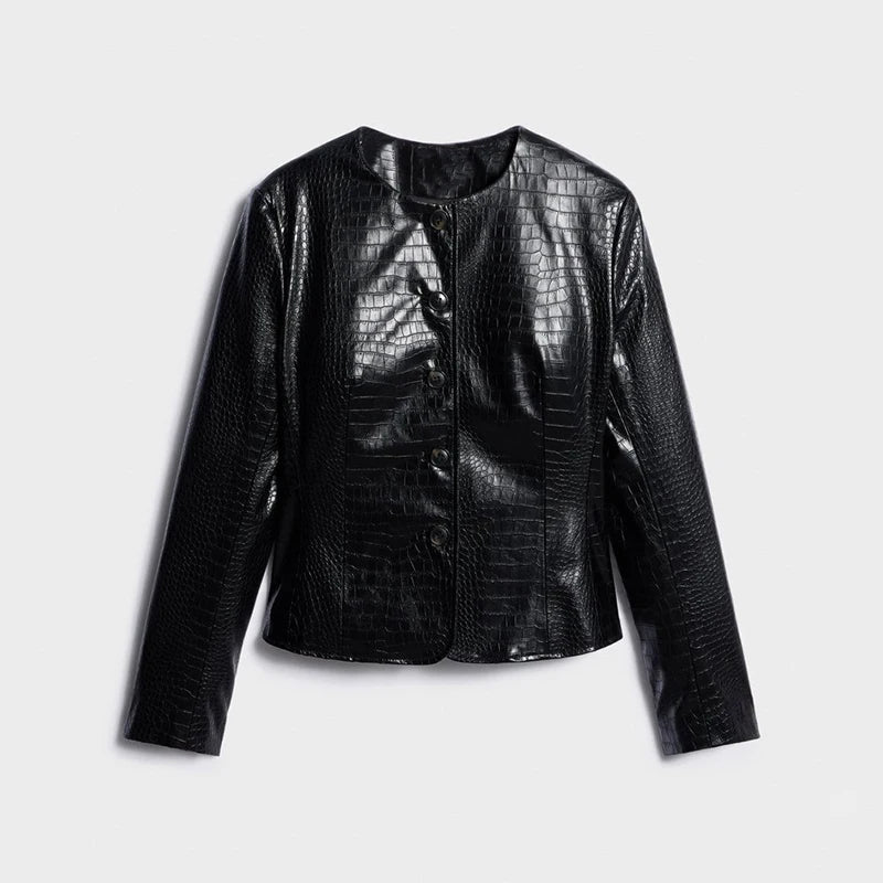 Casual Women's Pu Leather Jacket Slim Single Breasted O-neck Lady Solid Coats 2026 Autumn Fashion Female Street Outerwear