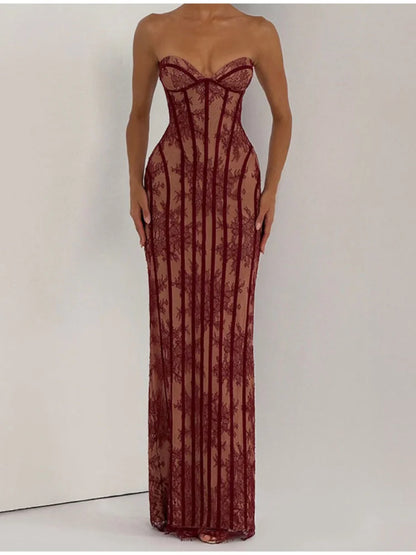 Women Gauze Fishbone Strapless Dress Chic Backless Off-shoulder Waist Cinching Slim Maxi Vestidos 2026 Lady Evening Party Gowns
