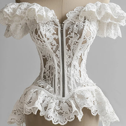 French Corset Women's Blouse Lace Ruffle Off Shoulder Zip Up Tube Tops Bustier Overbust Waist Slimming Strapless Tube Female Top