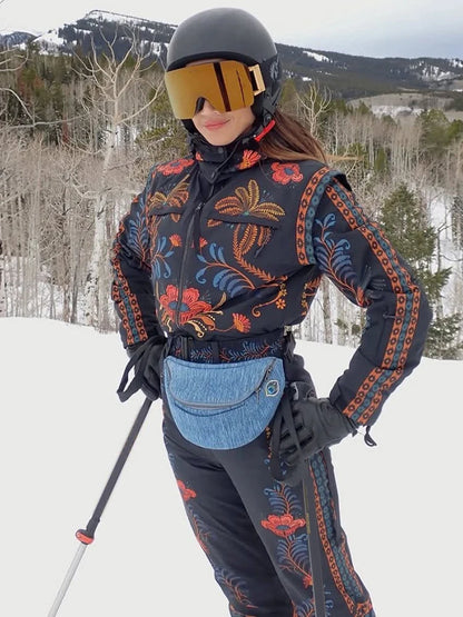 Women Floral Print Hooded Ski Set Stand Belt Waist Zipper Straight Jumpsuit Retro Fashion Sheath Warm Sport Winter 2026 Skiwear