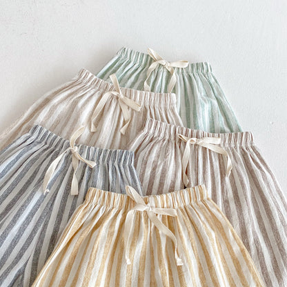 Vintage Linen Cotton Stripe Pants for Boys Casual Pocket Design Elastics Waist Pants for Toddler Girl Clothing Children Trousers