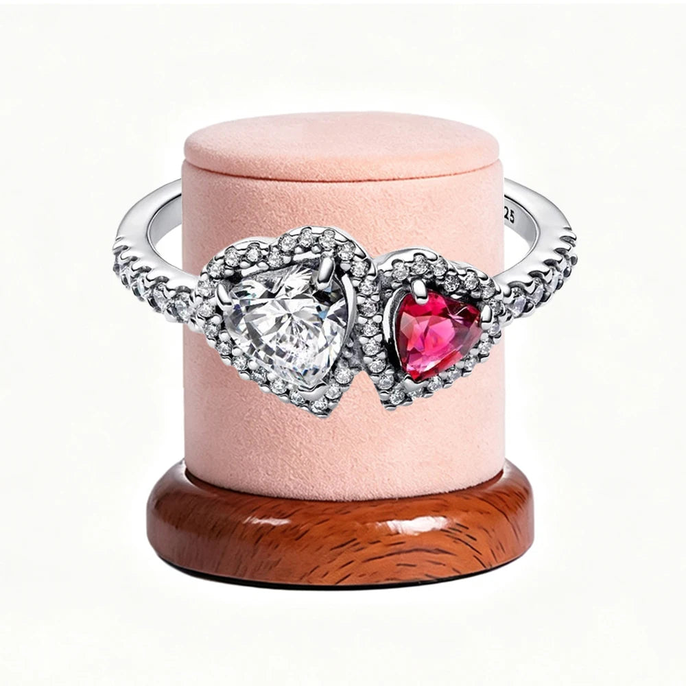 New 925 Silver Sparkling Double Heart Blue Pear Blossom Ice Pillar High Princess Crown Ring Fashion DIY Charm Jewelry