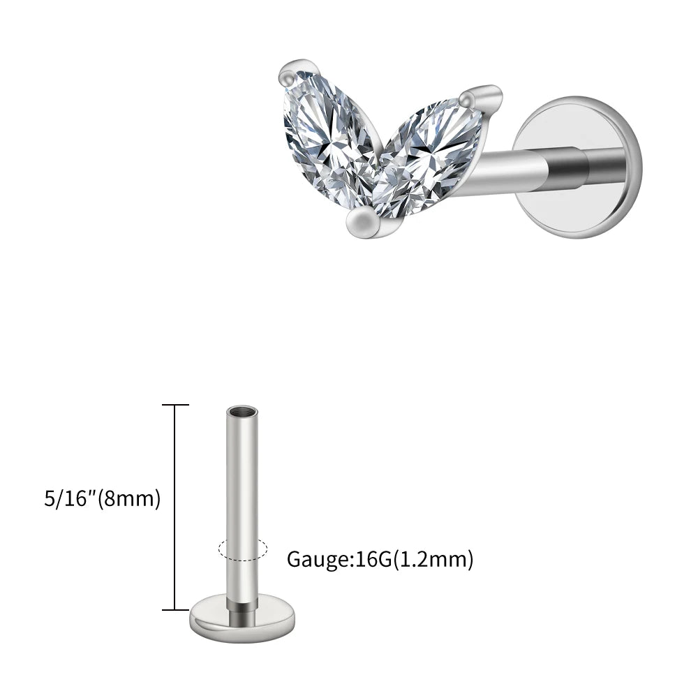 Right Grand ASTM F136 Titanium Tiny Double Marquise CZ Labret Stud Earring 16G Heart CZ Cartilage Helix Tragus Conch Piercing