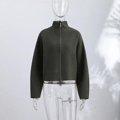 Elegant Knitted Zipper Women's Sweater Solid Full Sleeve Stand Collar Loose Open Stitch Female 2026 Fashion Autumn Outwear Lady
