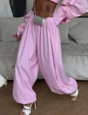 Fashion Drop Waist Lantern Pant 3 Pieces Suit Stripe Women Leeveless Vest Long Sleeve Lapel Shirt Sets 2026 Lady New Street Wear