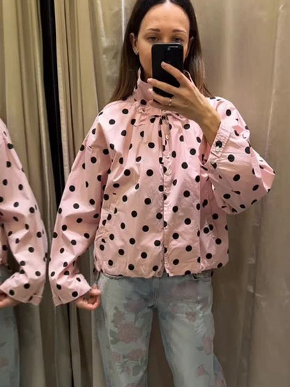 HH Woman Long Sleeve Pink Polka Dot Jacket Fashion Single Breasted High Collar Short Coat Women Spring Casual High Street Jacket