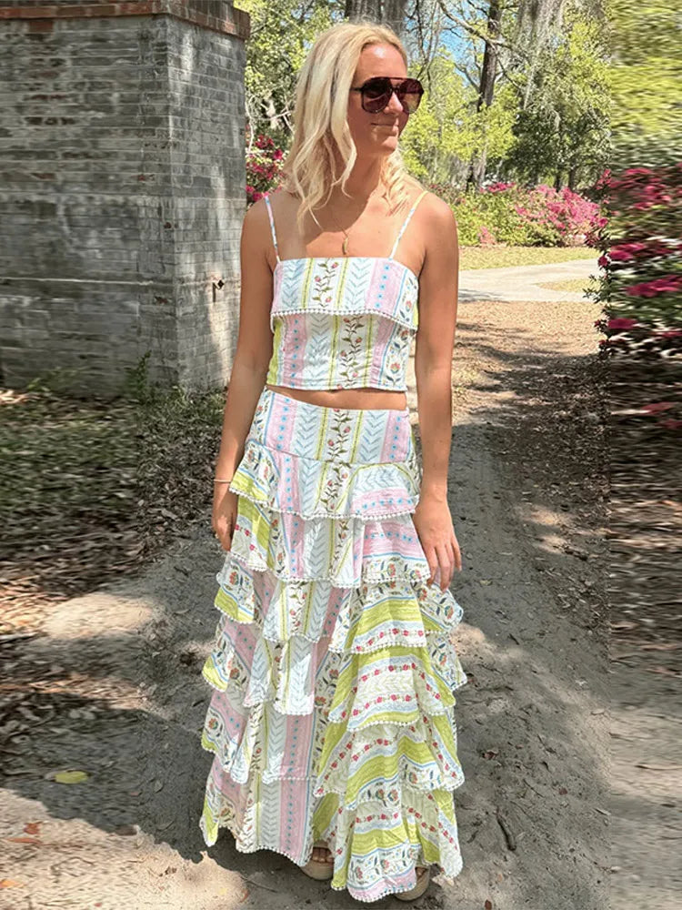 Vacation Floral Printed Cascading Ruffle Skirt Sets Women Sleeveless Sling Top Cake Long Skirts 2026 Summer Holiday Sweet Outfit