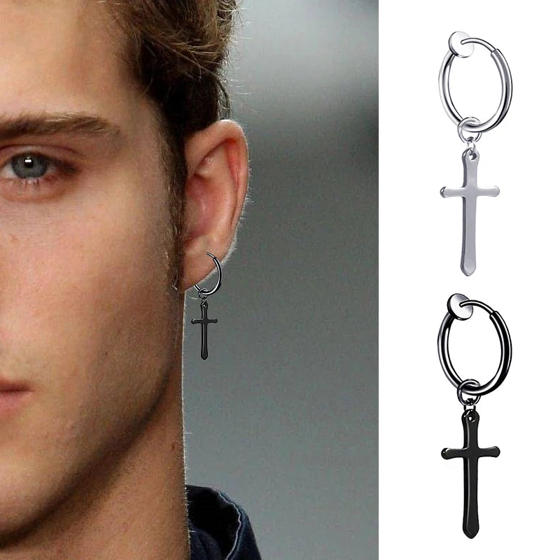2PC Punk stainless steel Small Hoop Earrings for Men and Women Gothic Cross Ear Ring Pop Hip Hop Piercing Ear studs Jewelry