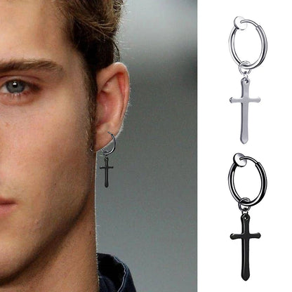 2PC Punk stainless steel Small Hoop Earrings for Men and Women Gothic Cross Ear Ring Pop Hip Hop Piercing Ear studs Jewelry