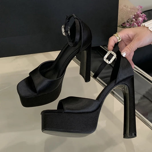 Liyke Runway Style Black High Heels Platform Sandals For Women Cozy Silk Square Toe Buckle Strap Lady Party Dress Shoes Size 40