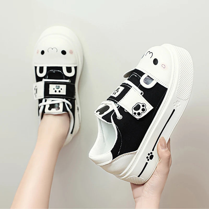 Lovely Girls Lolita Flat Platform,Young Women Students Sweet Cat Ears Elevator Canvas Shoes