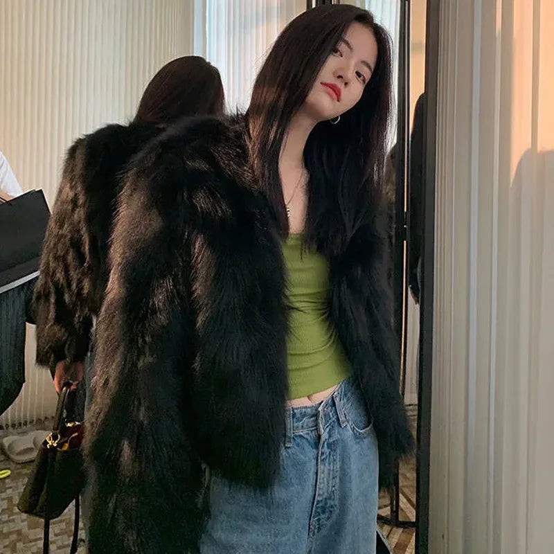 FANIECES Faux Fur Coat Women Luxury Collarless Short Fur Outwear Winter Elegant Thick Artificial Fur Jacket Warm Shaggy Overcoat