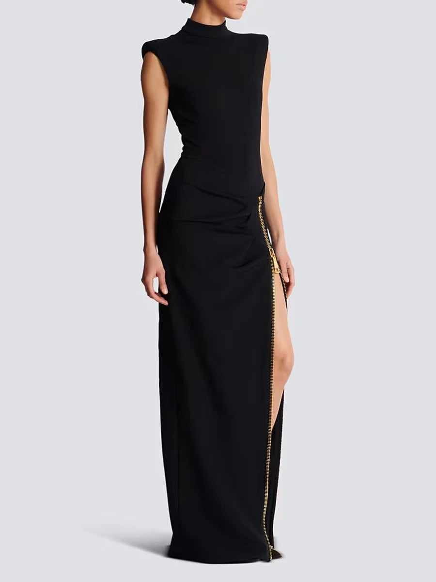 TWOTWINSTYLE Solid Slimming Spliced Zipper Temperament Dresses for Women Stand Neck Sleeveless Patchwork Folds Dress Female New