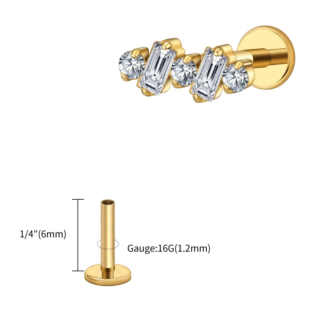 Right Grand ASTM F136 Titanium 16G Baguette CZ Climber Stud Earring Cluster Cartilage Helix Labret Stud Piercing Body Jewelry