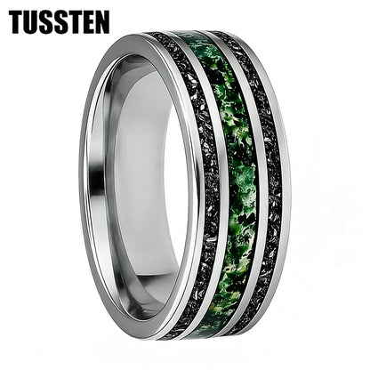 TUSSTEN 8MM Men's and Women's Wedding Tungsten Ring Inlaid Moss Agate And Meteorolite Inlay Comfortable Fit