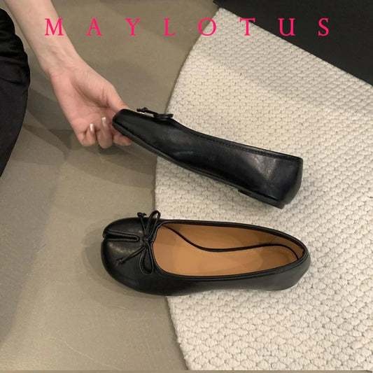 Spring Women Flat Split Toe Shoes with Bow Soft Leather Bow Tie Front Shallow Slip On  Girls Tabi Shoes Flats Ballet Shoes