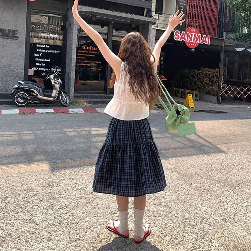 Fashion Drawstring Vintage Plaid Midi Skirts Spring Autumn High Waist Elastic Female Clothing Aura Korean A-Line Spliced Skirts