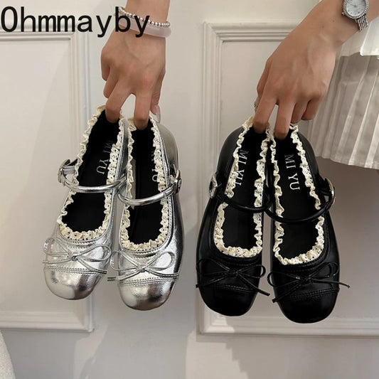 Spring Lace Women Flats Mary Jane Shoes Round Toe Shallow Ladies Casual Ballet Style Shoes Soft Leather Eelgant Dress Shoes