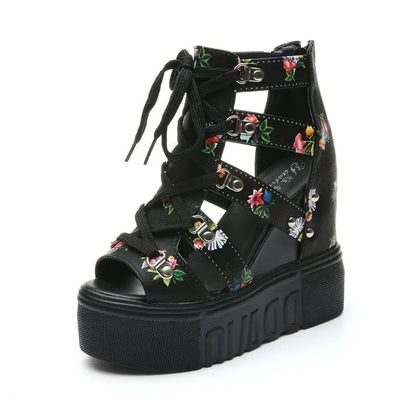 Summer New Women Wedge Sandals Color Patchwork Cross Lace-up High Heels Roman Shoes 12cm Fish Mouth Broken Flower Platform Shoes