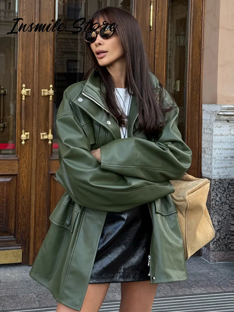 Street Waist Cinched Women's Leather Jacket Vintage Drawstring Stand Neck Zipper Pocket Jackets 2026 Autumn Moto Biker Outwear