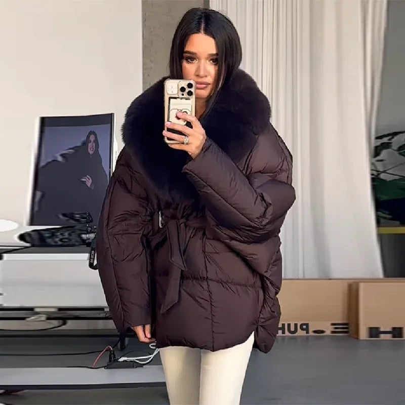 Thichen Winter Padded Coat Women Faux Fur Collar Belted Waist Tie Loose Oversized Quilted Jacket Warm Outerwear Daily Streetwear