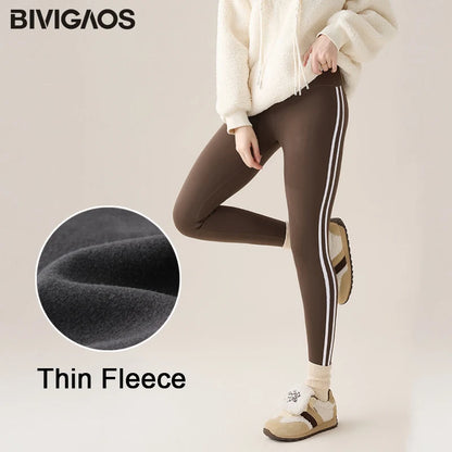BIVIGAOS New Autumn White Striped Light Fleece Leggings Women Winter Pants High Waist Slim Velvet Thick Sport Warm Leggings