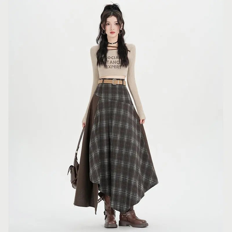 Qiukichonson Long Skirts Women Plaid Skirt Vintage Spring Autumn Patchwoek High Waist Ruffles Asymmetrical Maxi Skirt With Belt