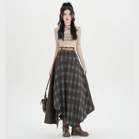 Qiukichonson Long Skirts Women Plaid Skirt Vintage Spring Autumn Patchwoek High Waist Ruffles Asymmetrical Maxi Skirt With Belt