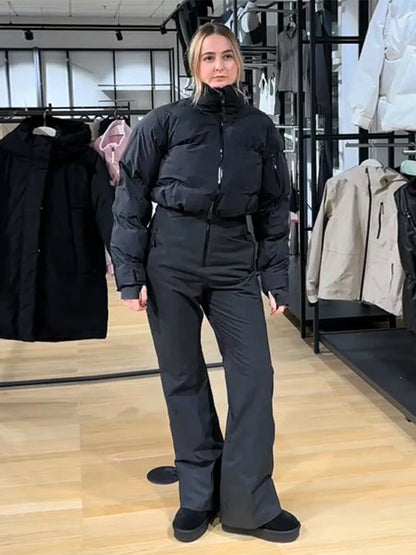Women's Fashion Ski Suit Hooded Full Sleeve Jacket White High-Waisted Flared Pants Set 2025 Female Fashion Ski Sport Outerwear