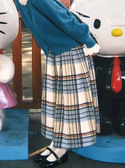 Faux Wool Plaid Midi Skirts for Women Autumn Winter Warm Preppy Pleated Skirts Female Korean Loose Vintage A Line Skirts New