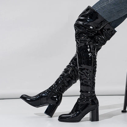 Liyke Fashion Round Toe Motorcycle Thigh High Boots Women Red Pleated Patent Leather Over The Knee Shoes Zip Autumn Winter Heels